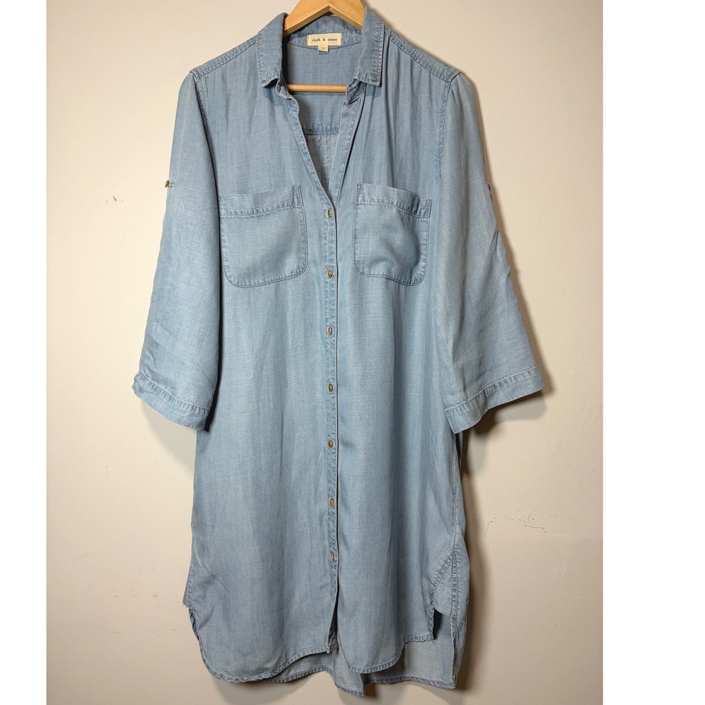 Cloth & Stone Womens Light Wash Chambray Roll Tab Sleeve Belted Shirt Dress L